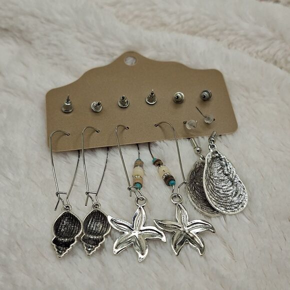 Bohemian beach style earrings starfish oyster conche shells hearts beaded - Picture 7 of 7